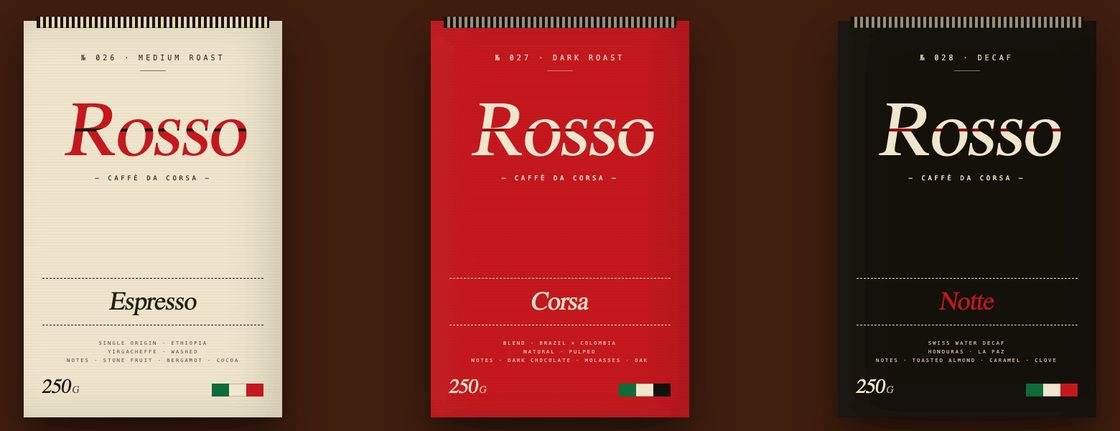 The three Rosso roasts side by side — Espresso in cream, Corsa in rosso red, Notte in black